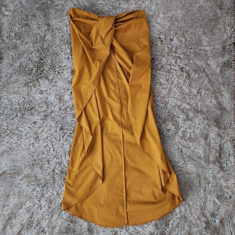 New York & Company Strapless Twist Front Maxi High Low‎ Top Mustard Yellow Small